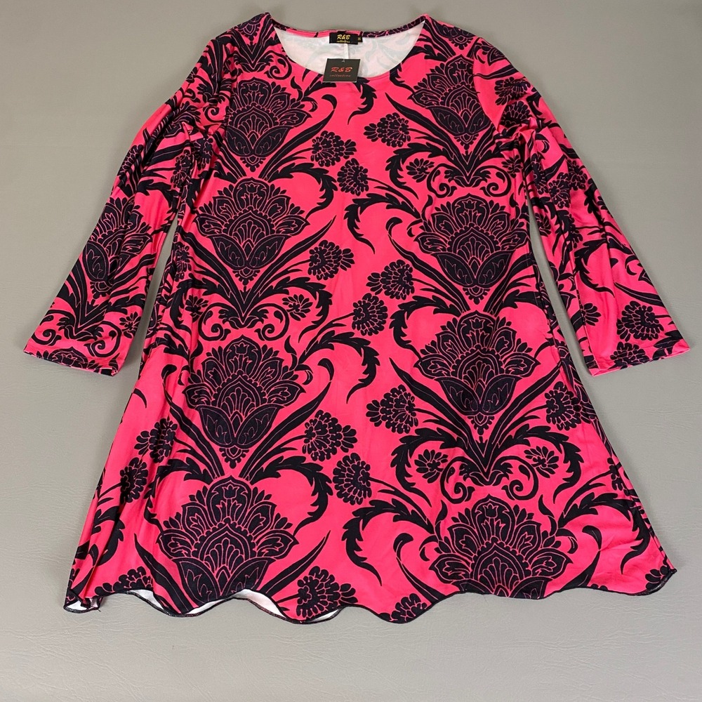 R&B Collection Swing Dress Women's Plus Size 1X Fuchsia Floral w/‎ Pockets NWT